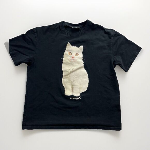 Hustlin Y2K Graphic Shirt Maine Coon Cat Size Small Black Retro Style Banger - Picture 1 of 8